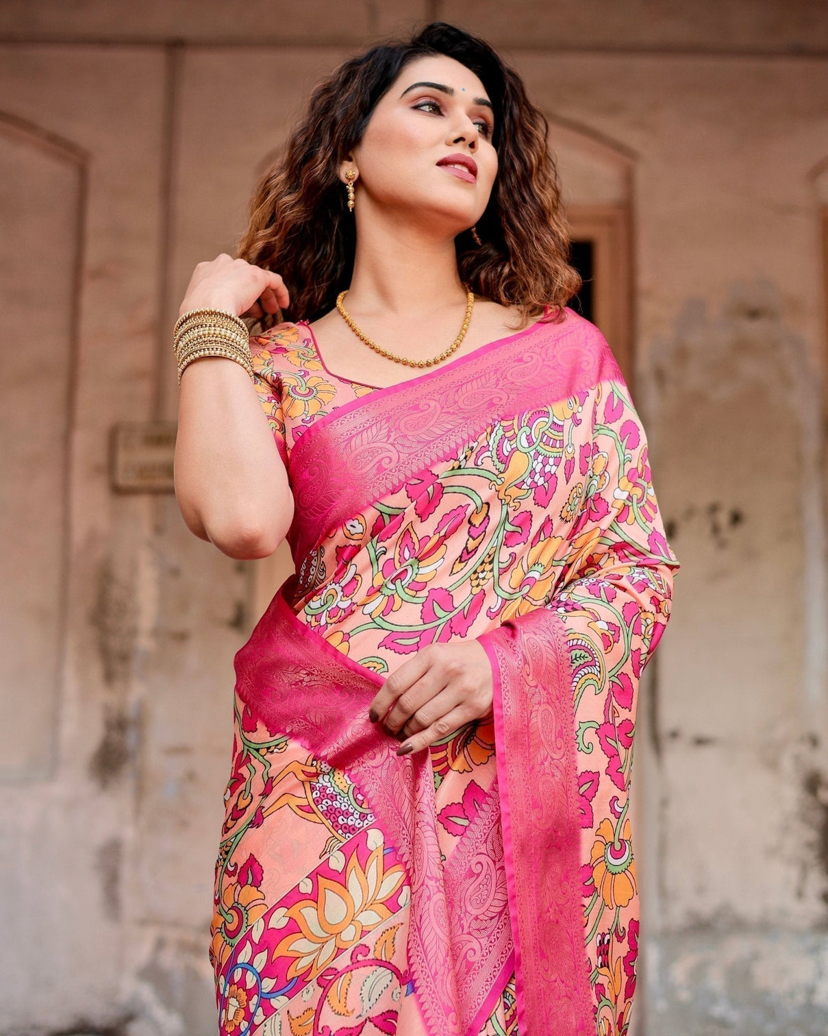 Peach and Fuchsia Floral Digital Print Tussar Silk Saree with Zari Border and Paisley Pallu