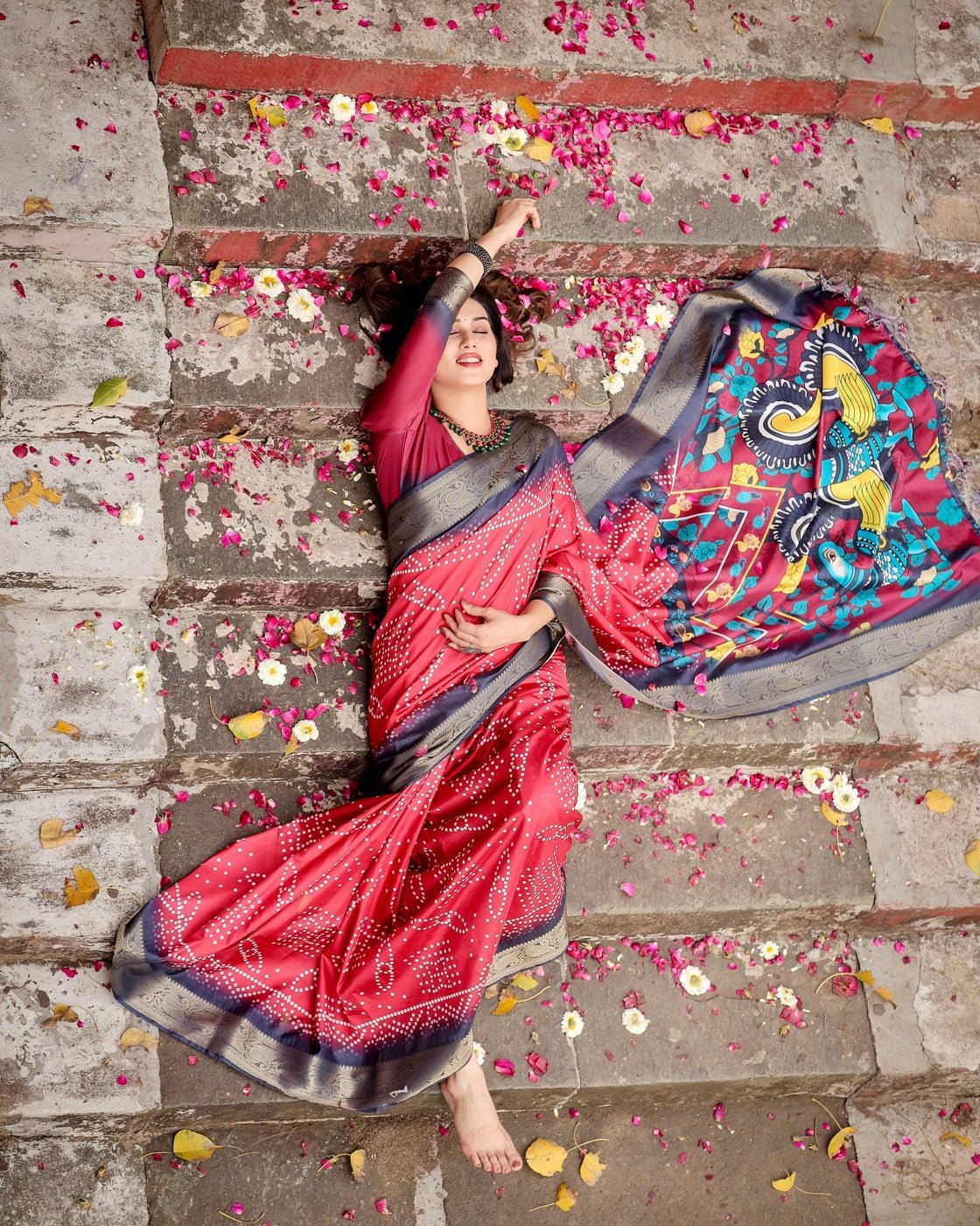 Crimson Red Tussar Silk Saree with Bandhani Patterns, Zari Border, and Vibrant Artistic Pallu
