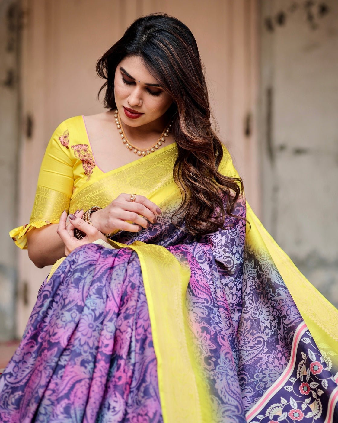 Purple and Yellow Tussar Silk Saree with Artistic Peacock Pallu and Zari Border