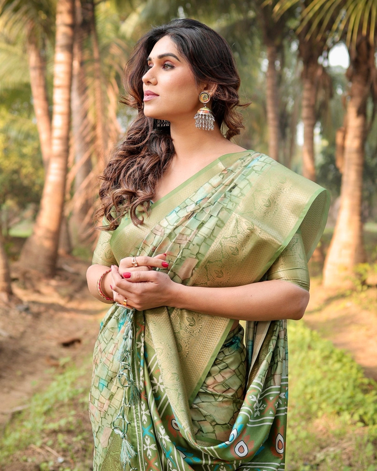 Elegant Light Green Tussar Silk Saree with Zari Motif Border and Contemporary Checkered Pallu Design