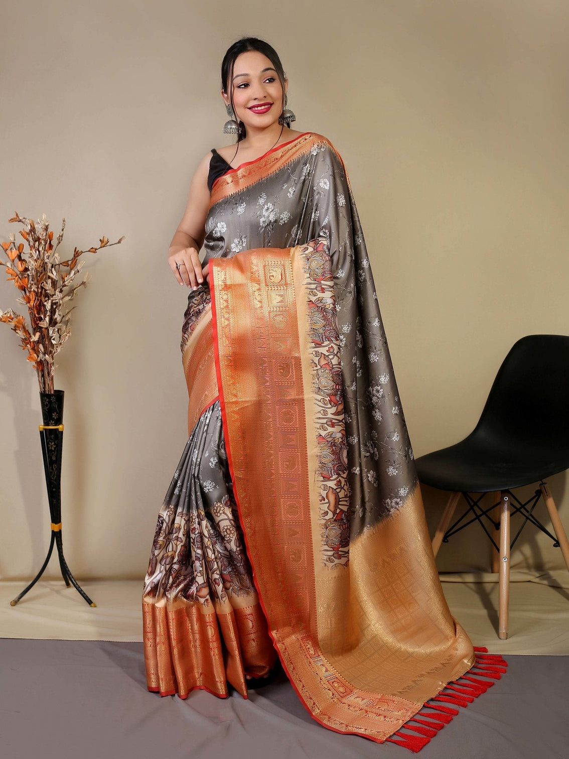 Grey Saree in Floral Kalamkari Print