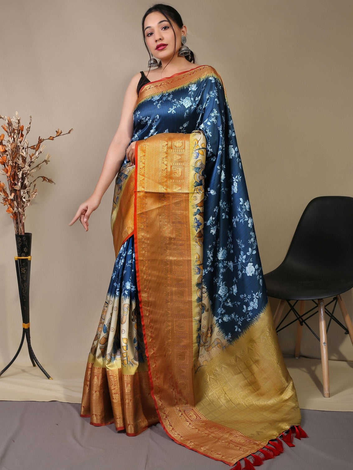 Navy Blue Saree in Floral Kalamkari Print