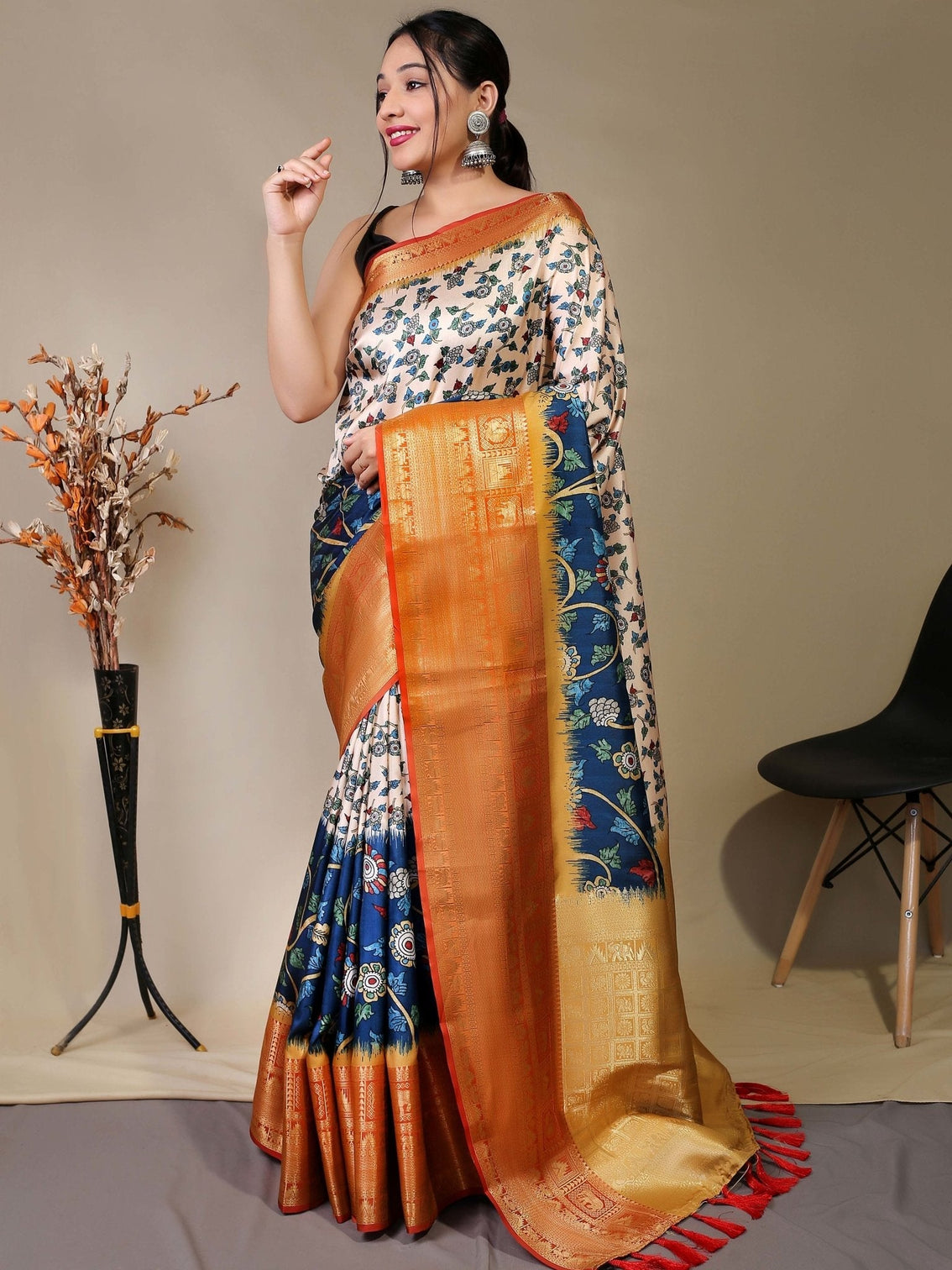 White Cream Saree in Floral Kalamkari Print