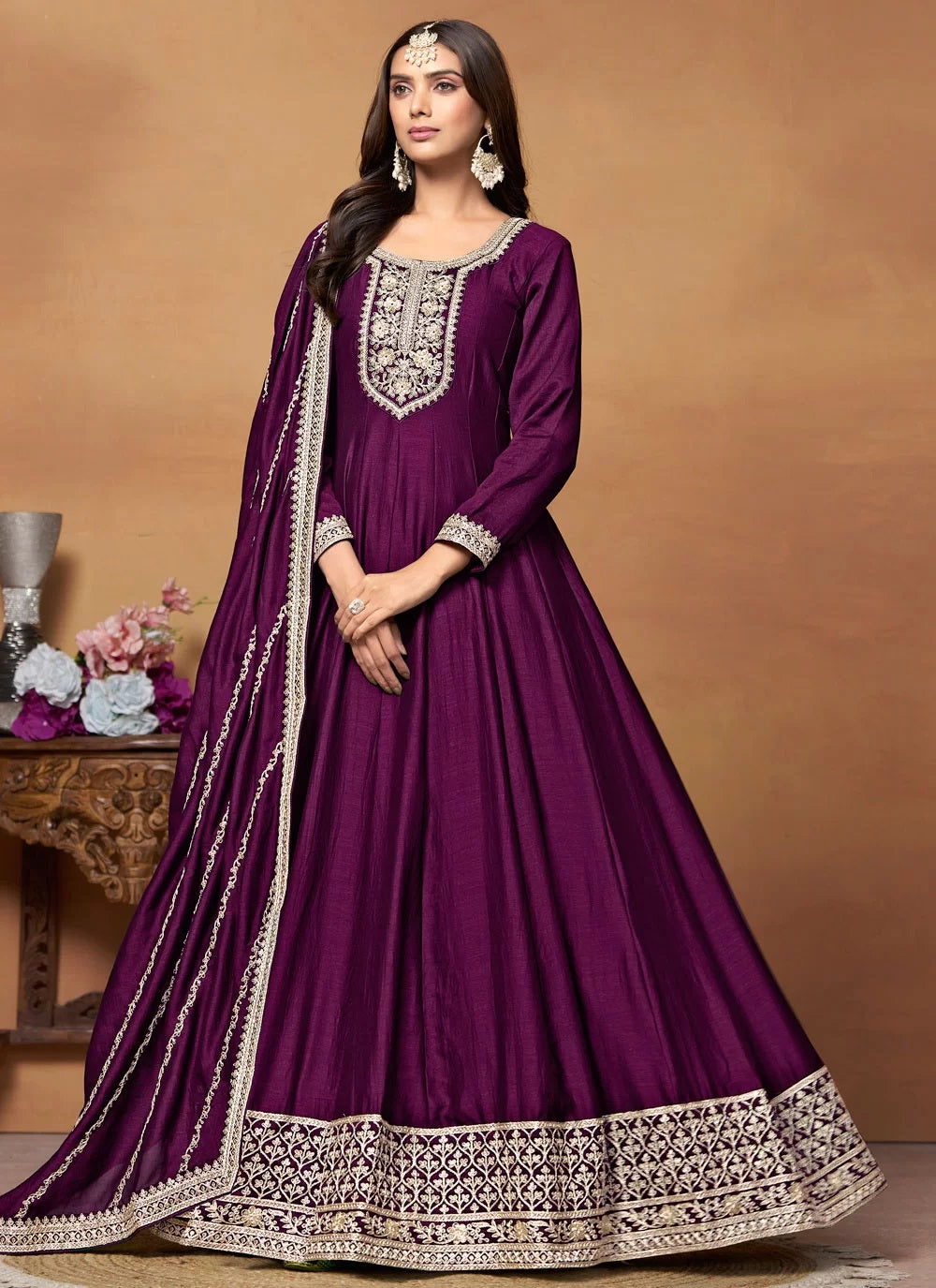 Purple anarkali dress in art silk with embroidery
