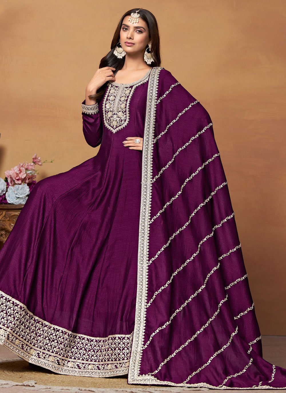 Purple anarkali dress in art silk with embroidery