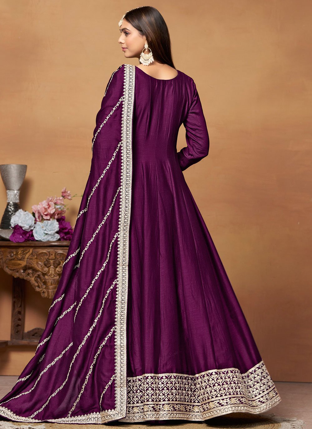Purple anarkali dress in art silk with embroidery