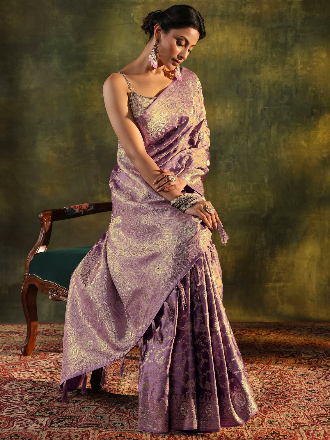 Mameraa Purple Banarasi Satin Saree With Unstitched Blouse Piece