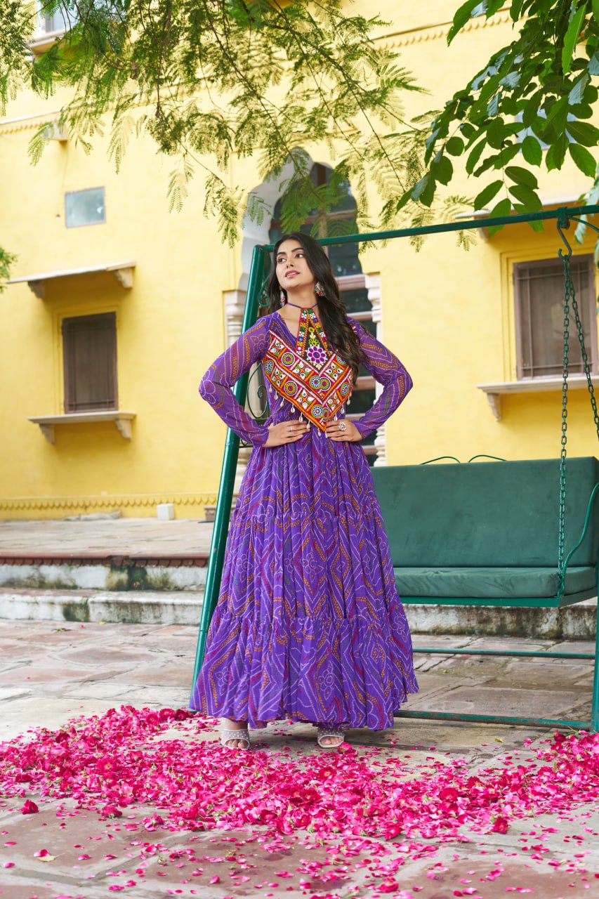 Purple Bandhani Print Faux Georgette Gown with Kutchi Patchwork – Full Sleeves, 9 Meter Flair, Cotton Lining