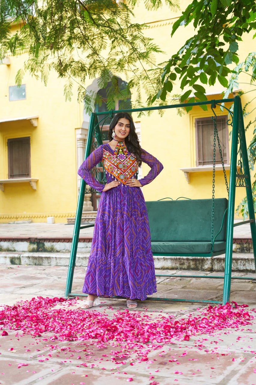 Purple Bandhani Print Faux Georgette Gown with Kutchi Patchwork – Full Sleeves, 9 Meter Flair, Cotton Lining