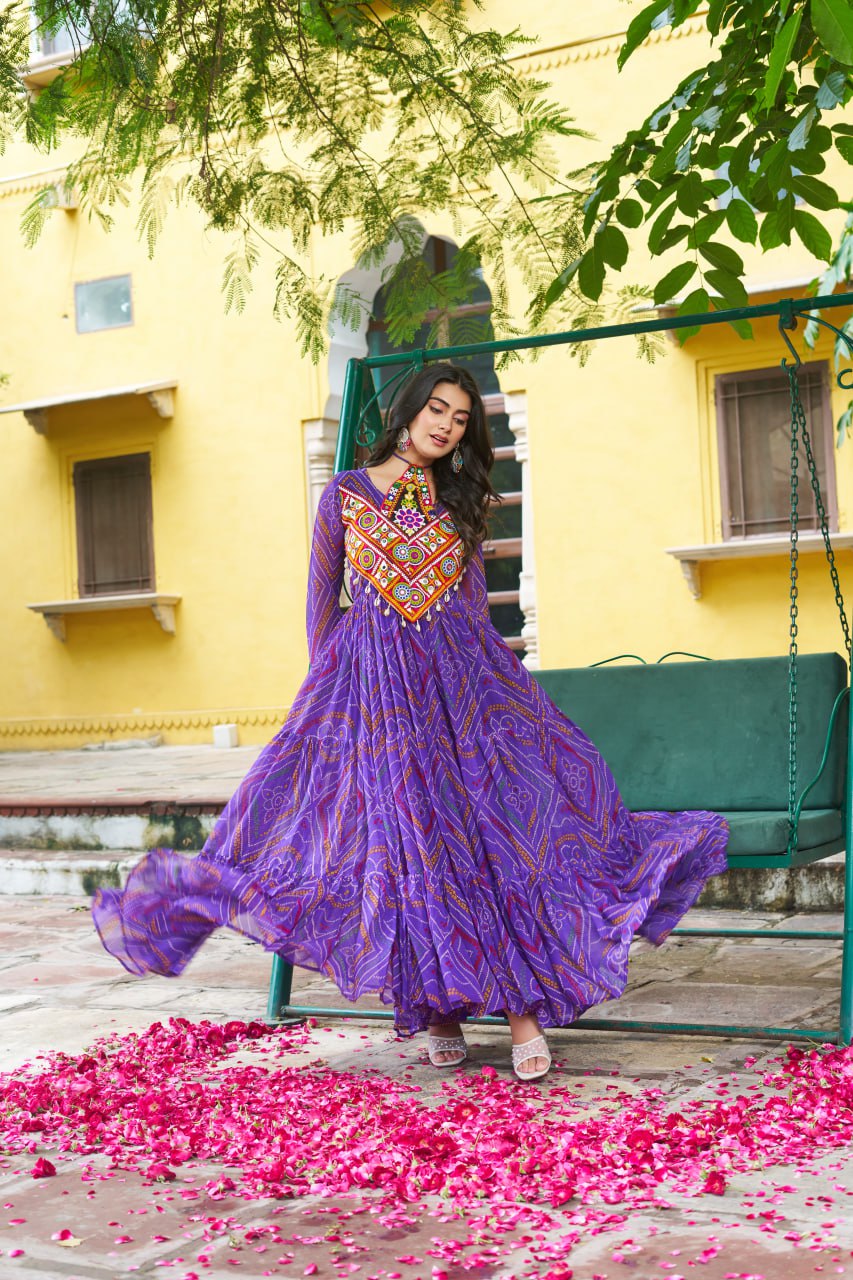 Purple Bandhani Print Faux Georgette Gown with Kutchi Patchwork – Full Sleeves, 9 Meter Flair, Cotton Lining