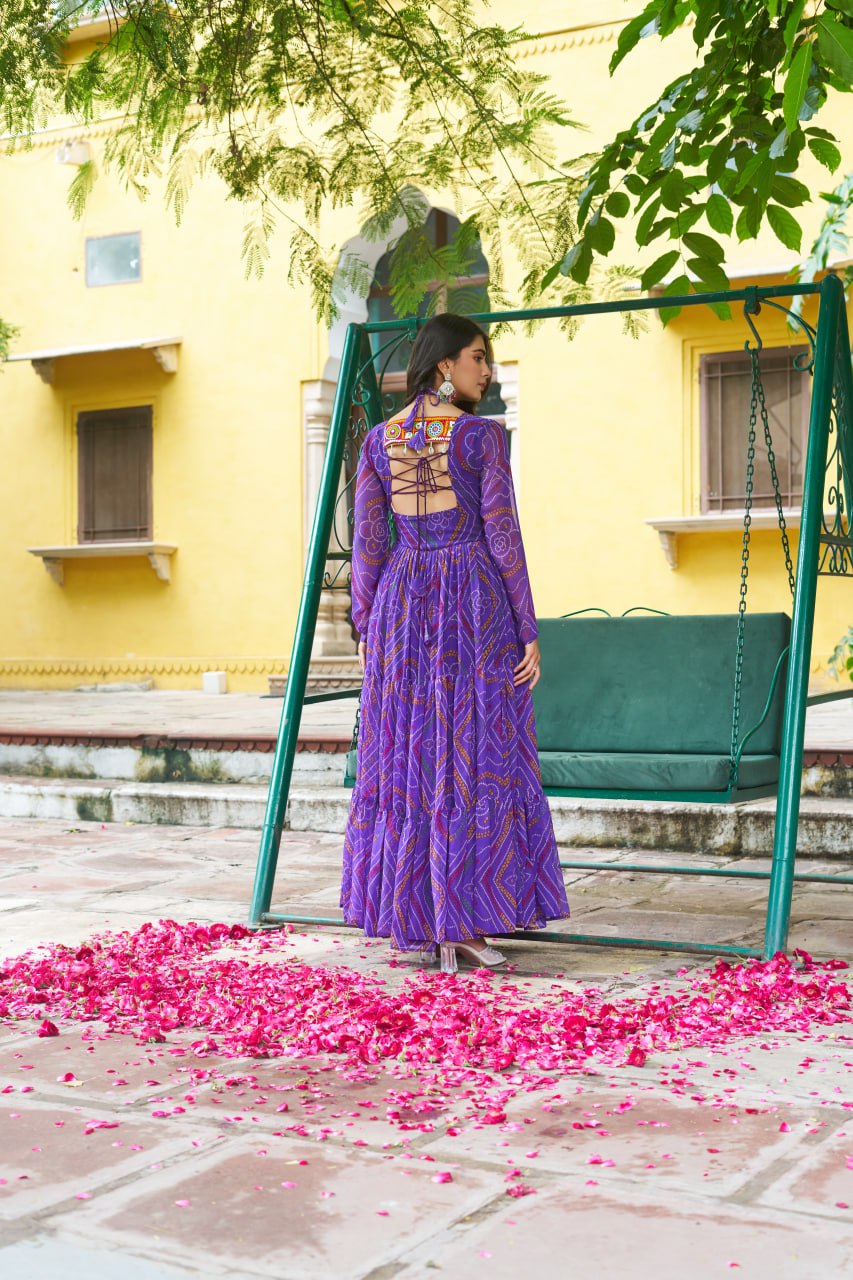 Purple Bandhani Print Faux Georgette Gown with Kutchi Patchwork – Full Sleeves, 9 Meter Flair, Cotton Lining