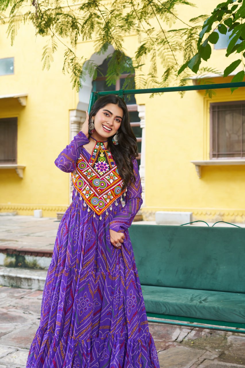 Purple Bandhani Print Faux Georgette Gown with Kutchi Patchwork – Full Sleeves, 9 Meter Flair, Cotton Lining