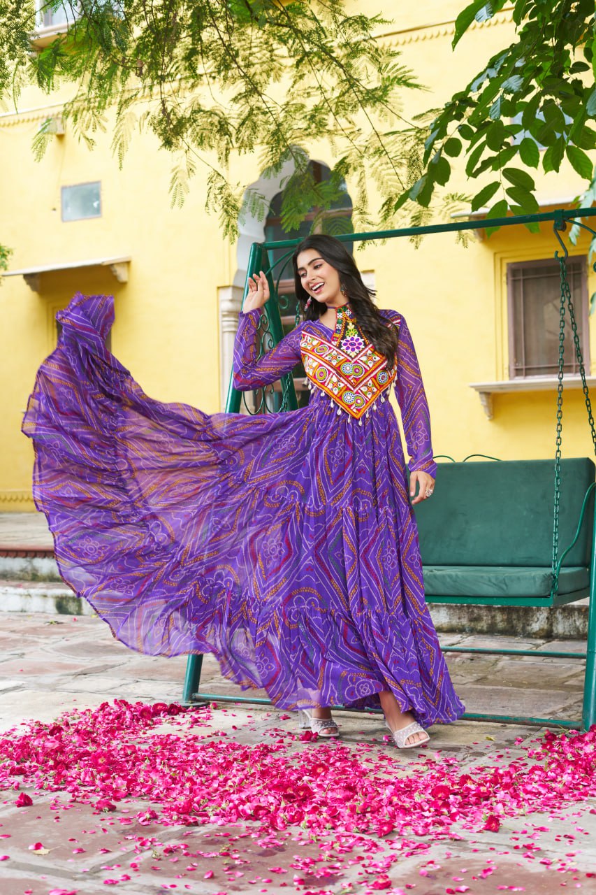 Purple Bandhani Print Faux Georgette Gown with Kutchi Patchwork – Full Sleeves, 9 Meter Flair, Cotton Lining