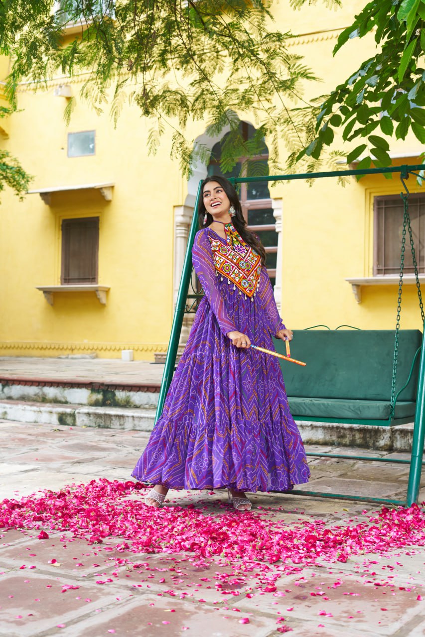 Purple Bandhani Print Faux Georgette Gown with Kutchi Patchwork – Full Sleeves, 9 Meter Flair, Cotton Lining