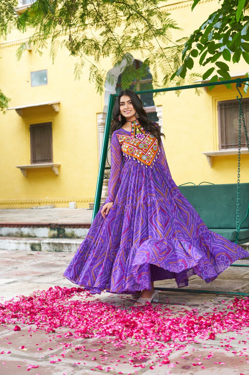 Purple Bandhani Print Faux Georgette Gown with Kutchi Patchwork – Full Sleeves, 9 Meter Flair, Cotton Lining