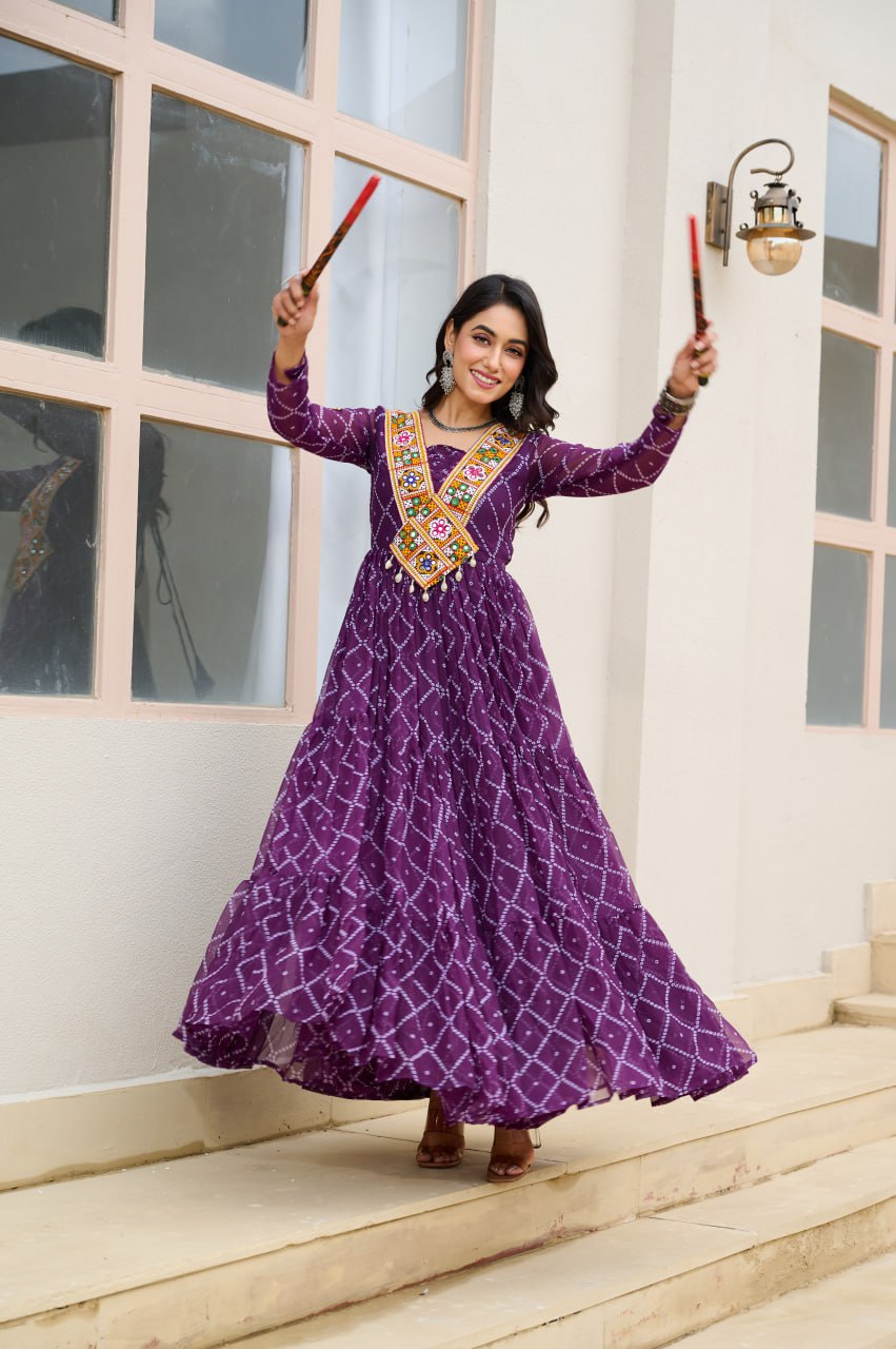 Purple Bandhani Print Faux Georgette Gown with Kutchi Patchwork