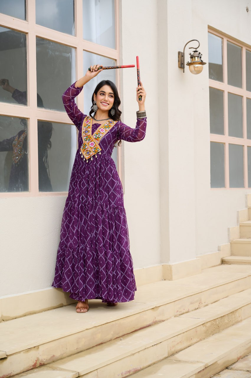 Purple Bandhani Print Faux Georgette Gown with Kutchi Patchwork