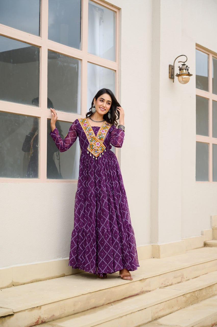 Purple Bandhani Print Faux Georgette Gown with Kutchi Patchwork