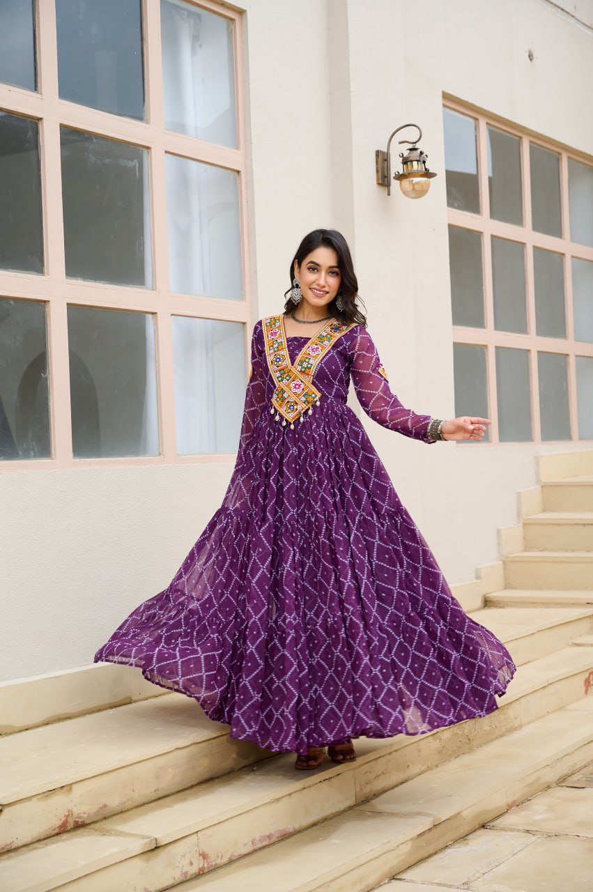 Purple Bandhani Print Faux Georgette Gown with Kutchi Patchwork
