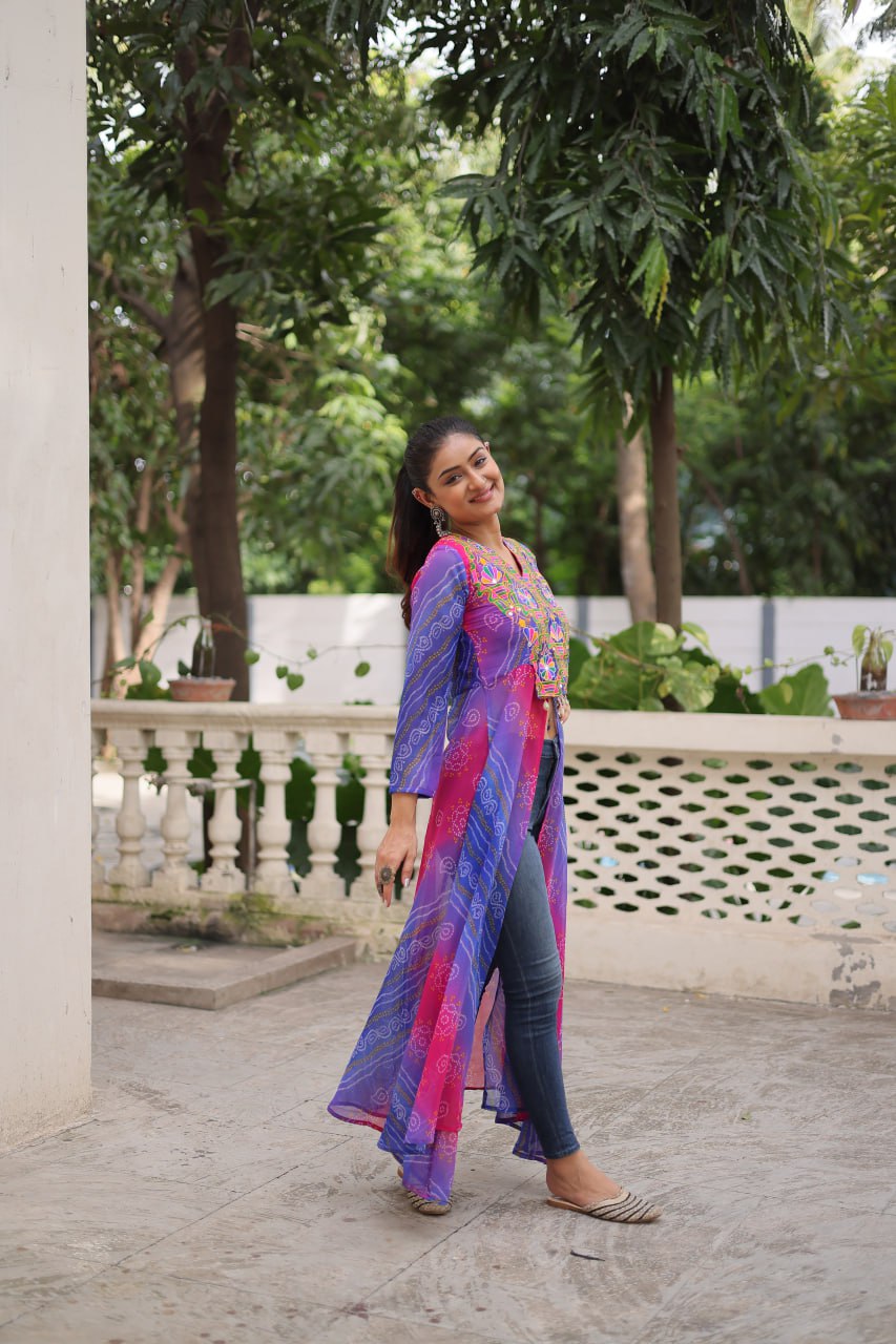 Purple Bandhani Print Faux Georgette Kurti with Kutchi Patchwork
