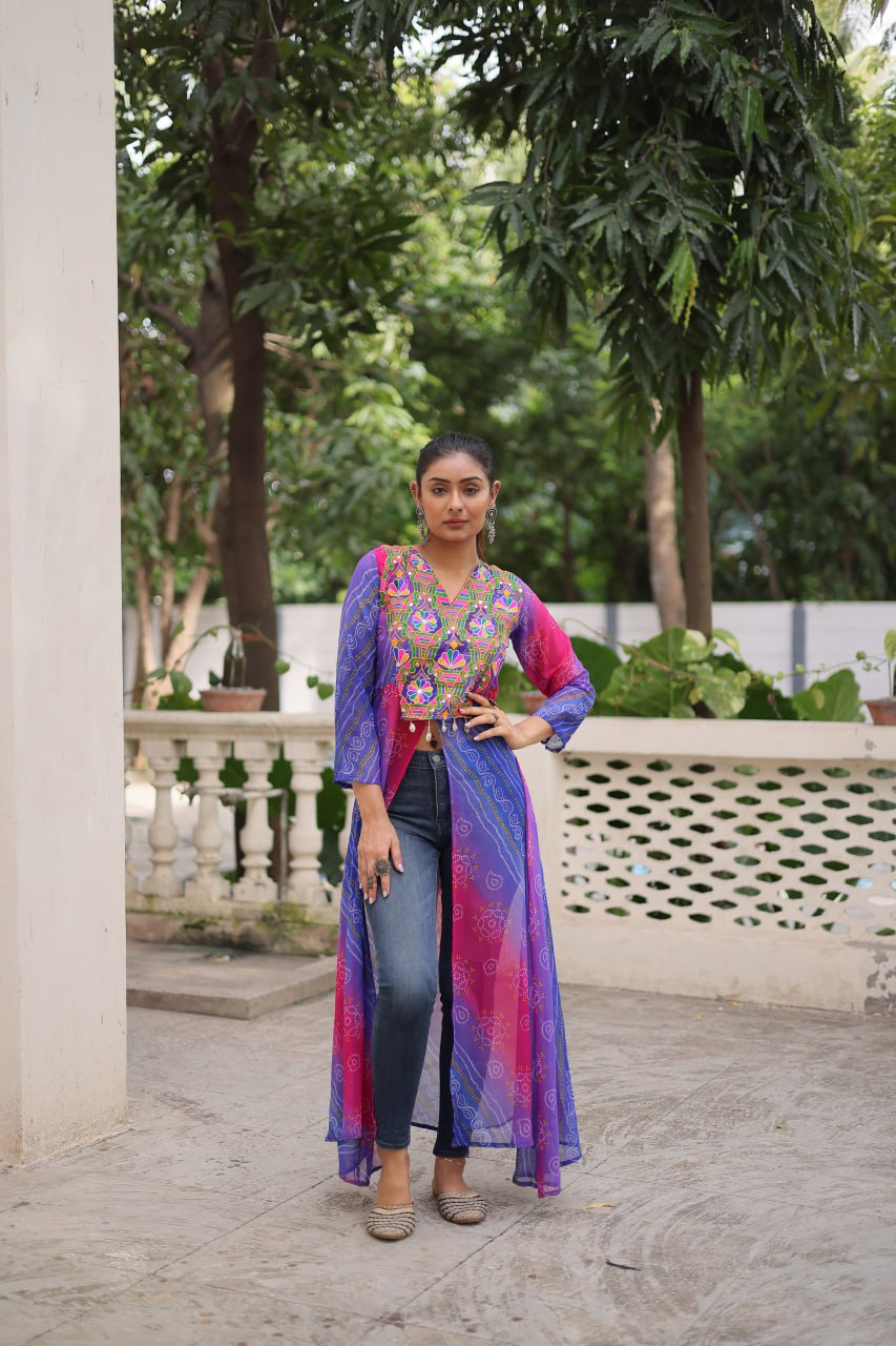 Purple Bandhani Print Faux Georgette Kurti with Kutchi Patchwork