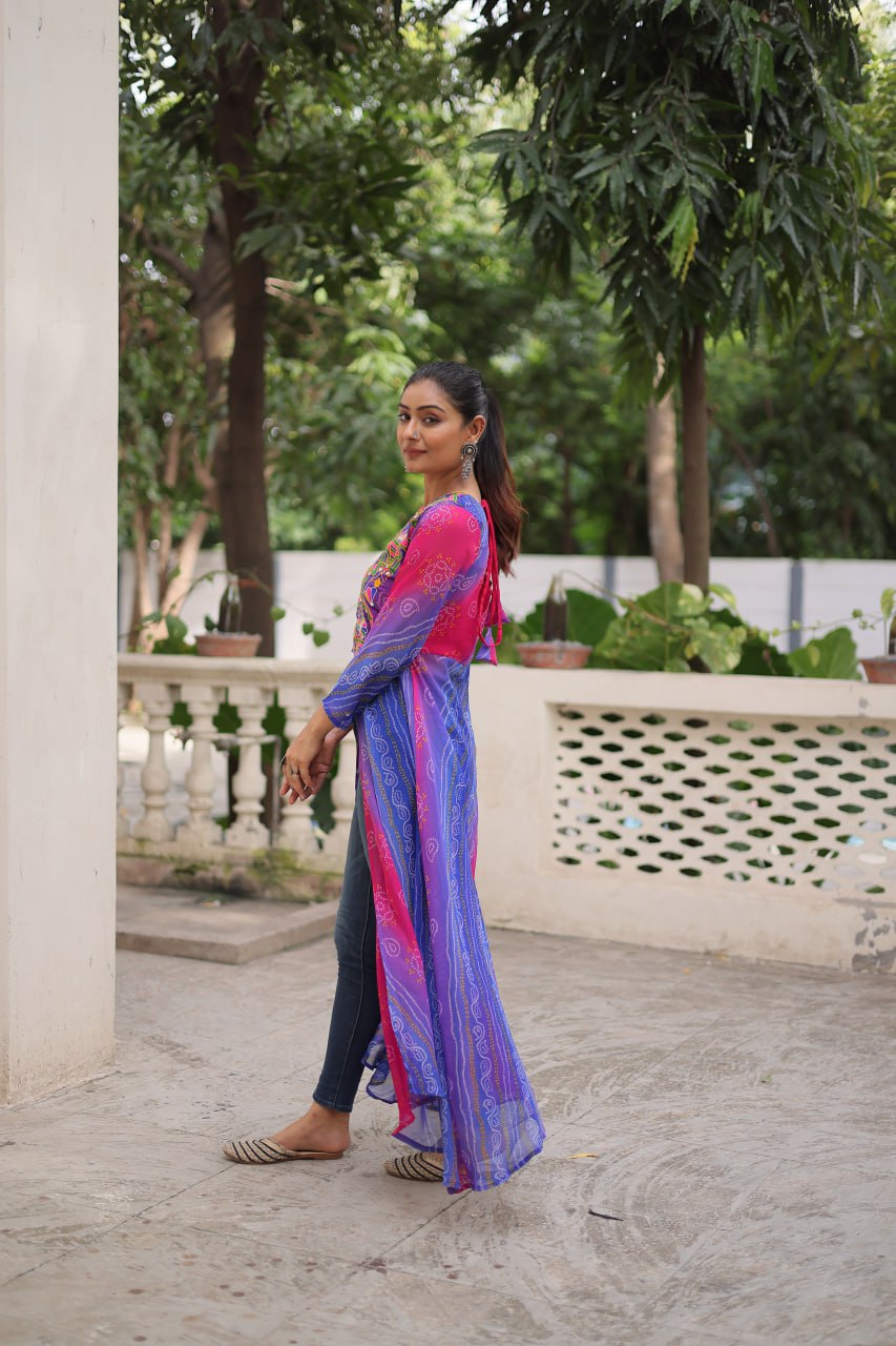Purple Bandhani Print Faux Georgette Kurti with Kutchi Patchwork