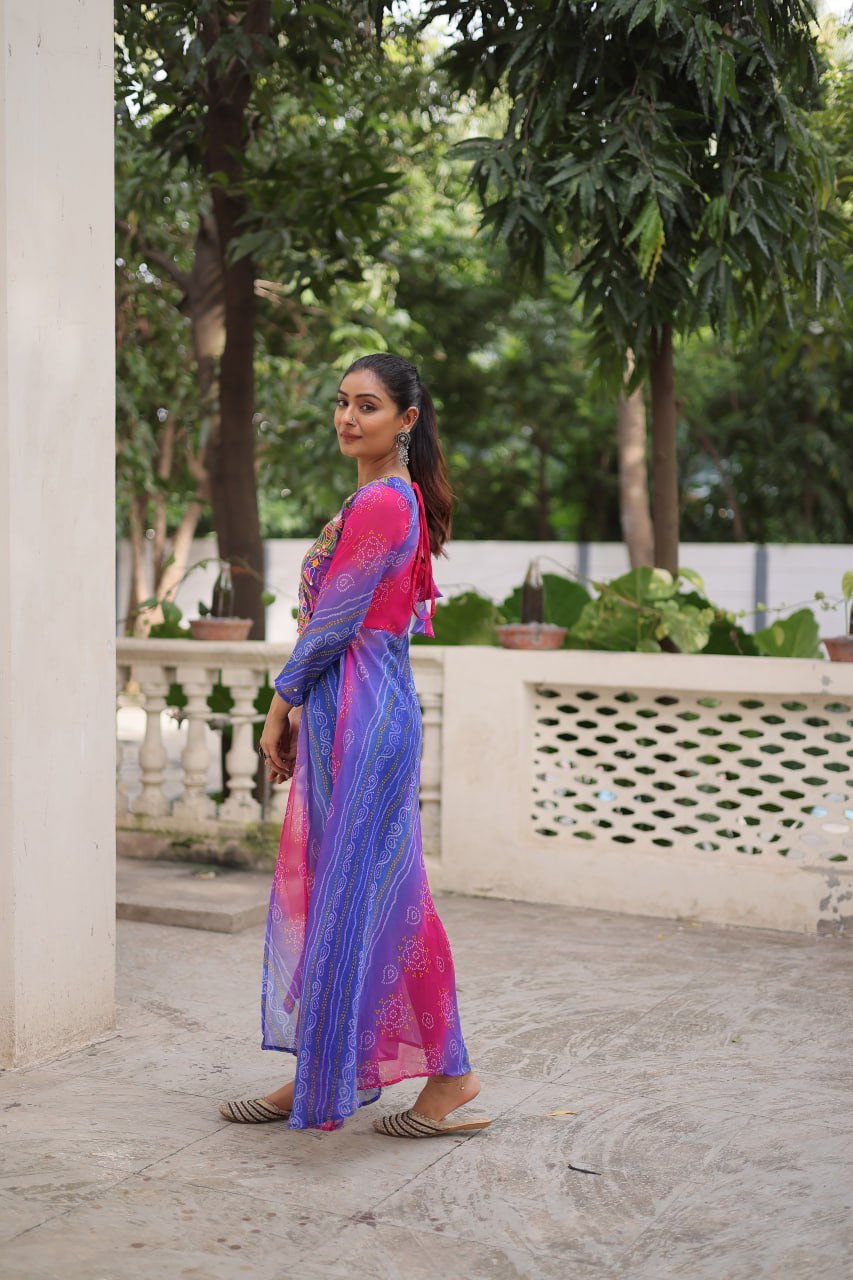Purple Bandhani Print Faux Georgette Kurti with Kutchi Patchwork
