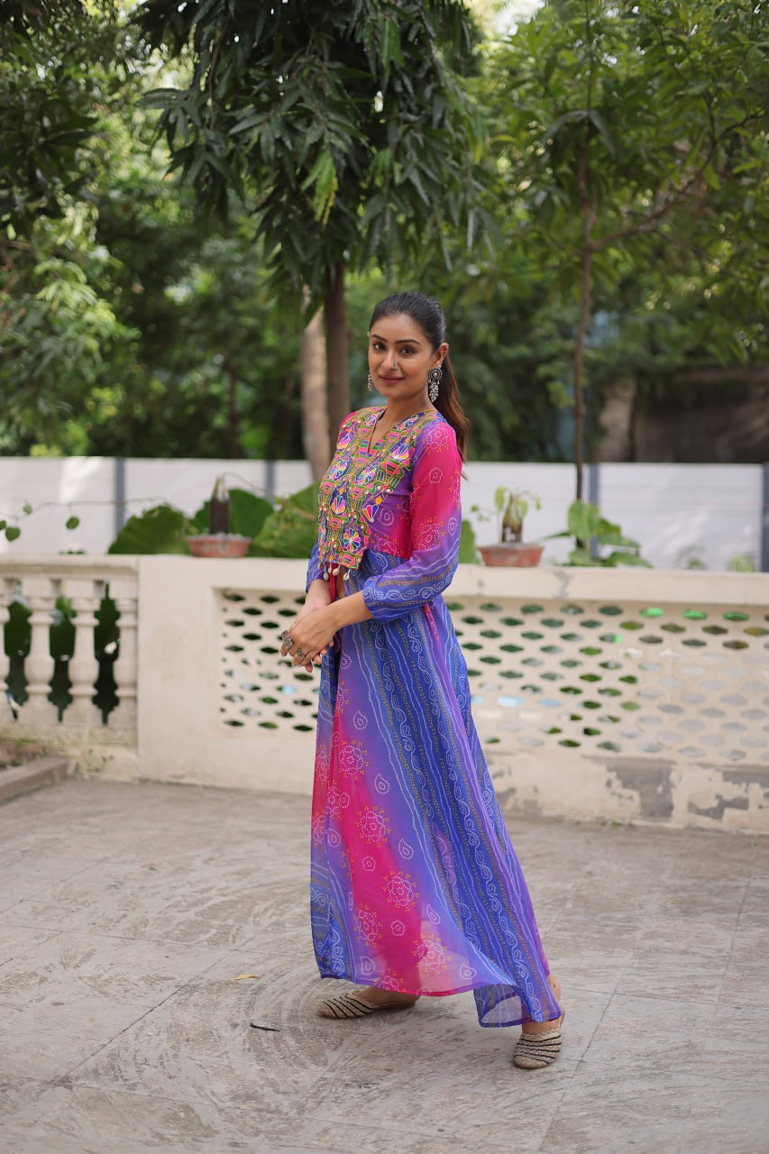 Purple Bandhani Print Faux Georgette Kurti with Kutchi Patchwork