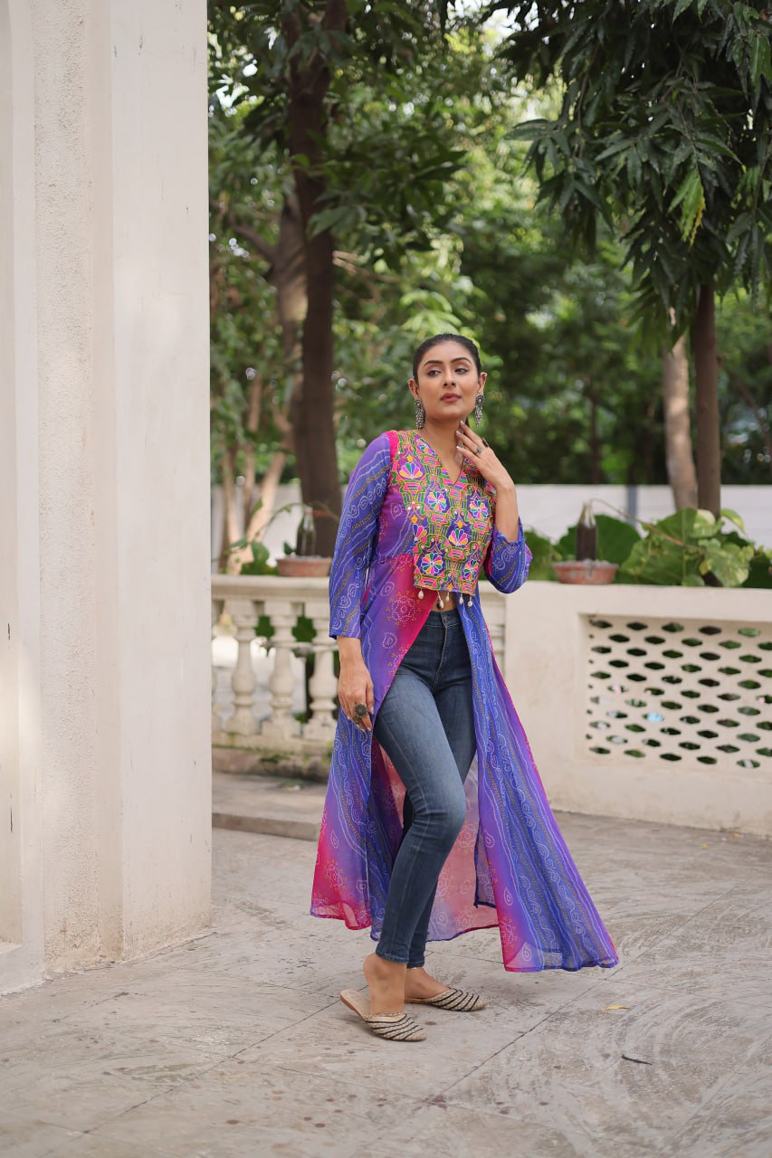 Purple Bandhani Print Faux Georgette Kurti with Kutchi Patchwork
