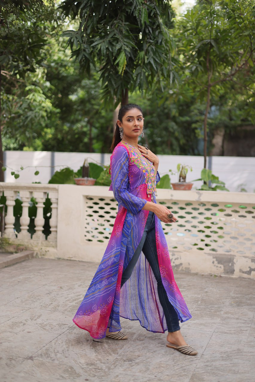 Purple Bandhani Print Faux Georgette Kurti with Kutchi Patchwork