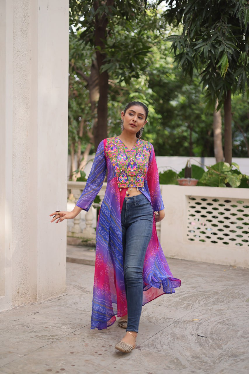 Purple Bandhani Print Faux Georgette Kurti with Kutchi Patchwork