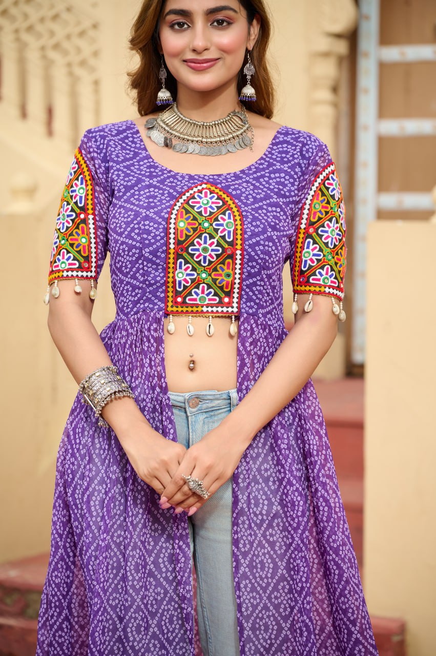 Purple Bandhani Print Faux Georgette Kurti with Kutchi Patchwork