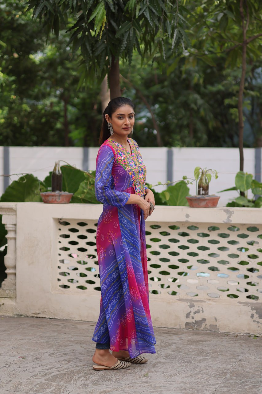 Purple Bandhani Print Faux Georgette Kurti with Kutchi Patchwork