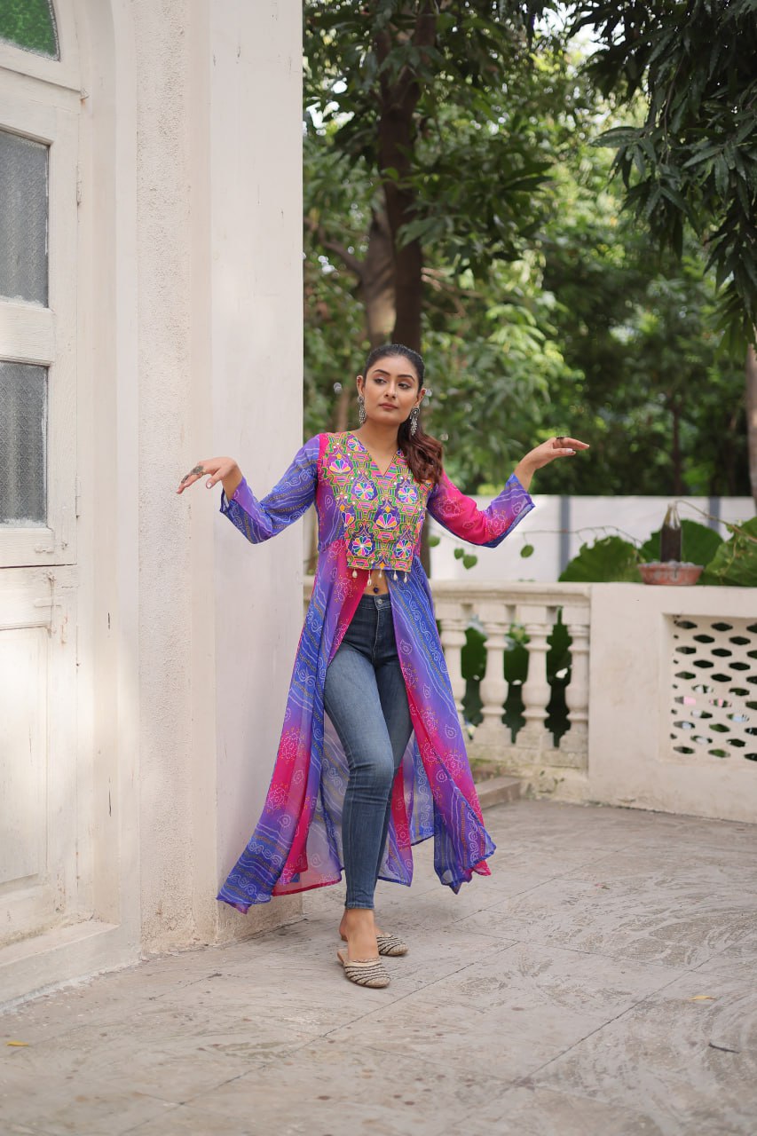 Purple Bandhani Print Faux Georgette Kurti with Kutchi Patchwork