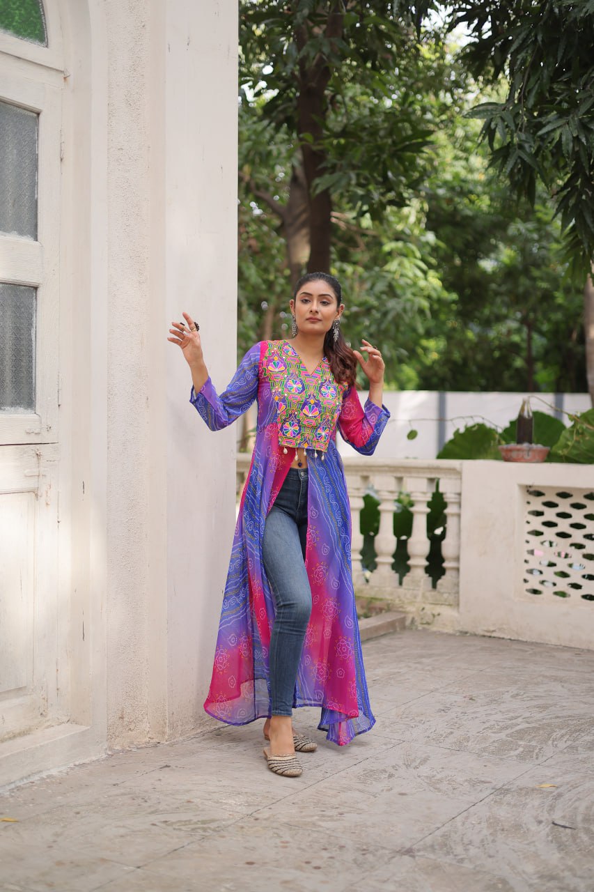 Purple Bandhani Print Faux Georgette Kurti with Kutchi Patchwork