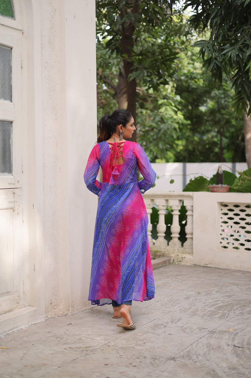 Purple Bandhani Print Faux Georgette Kurti with Kutchi Patchwork