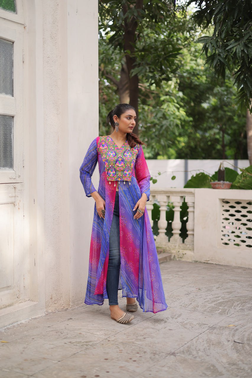 Purple Bandhani Print Faux Georgette Kurti with Kutchi Patchwork