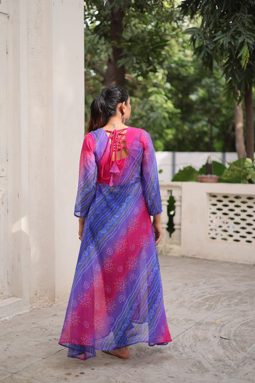 Purple Bandhani Print Faux Georgette Kurti with Kutchi Patchwork