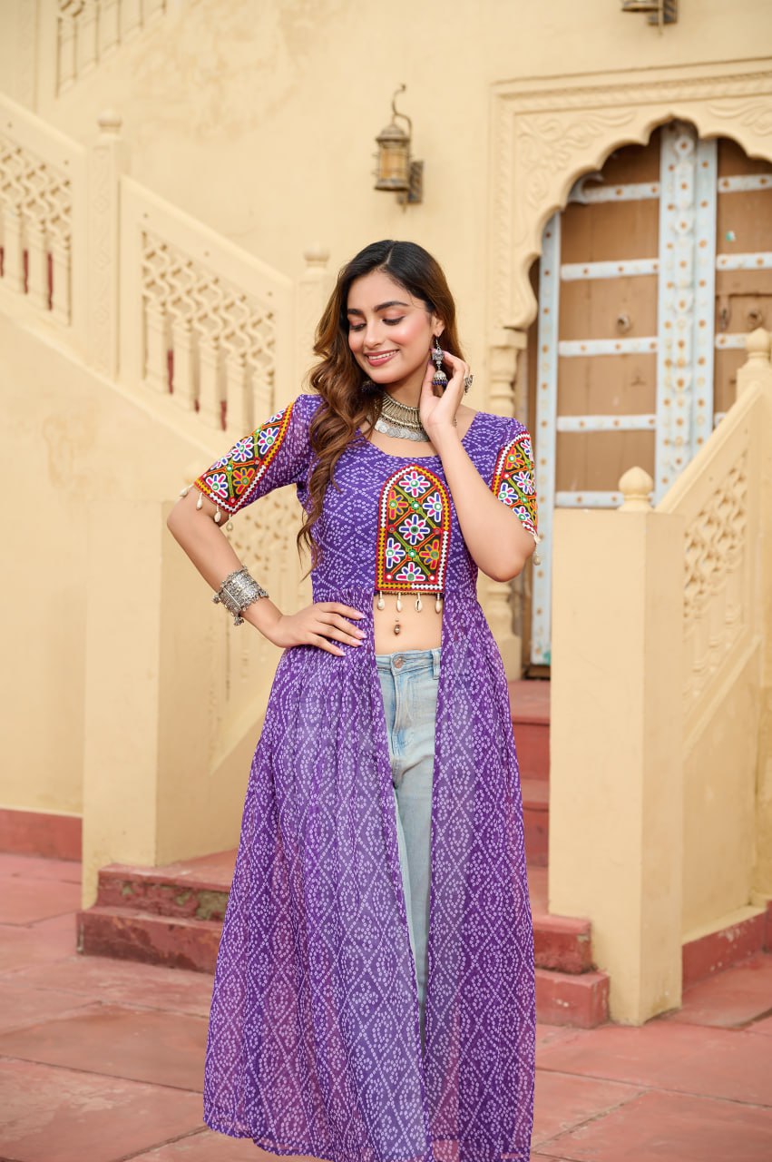 Purple Bandhani Print Faux Georgette Kurti with Kutchi Patchwork