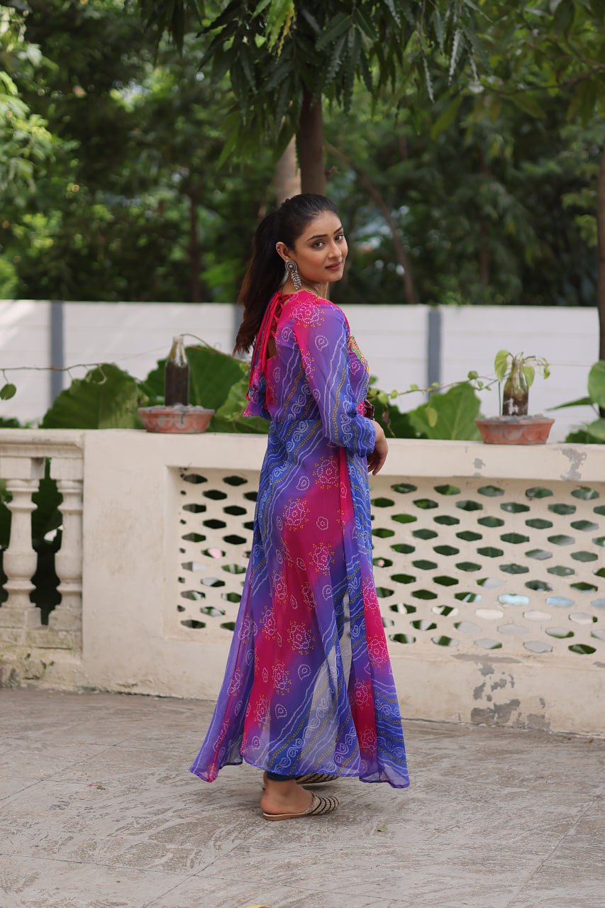 Purple Bandhani Print Faux Georgette Kurti with Kutchi Patchwork
