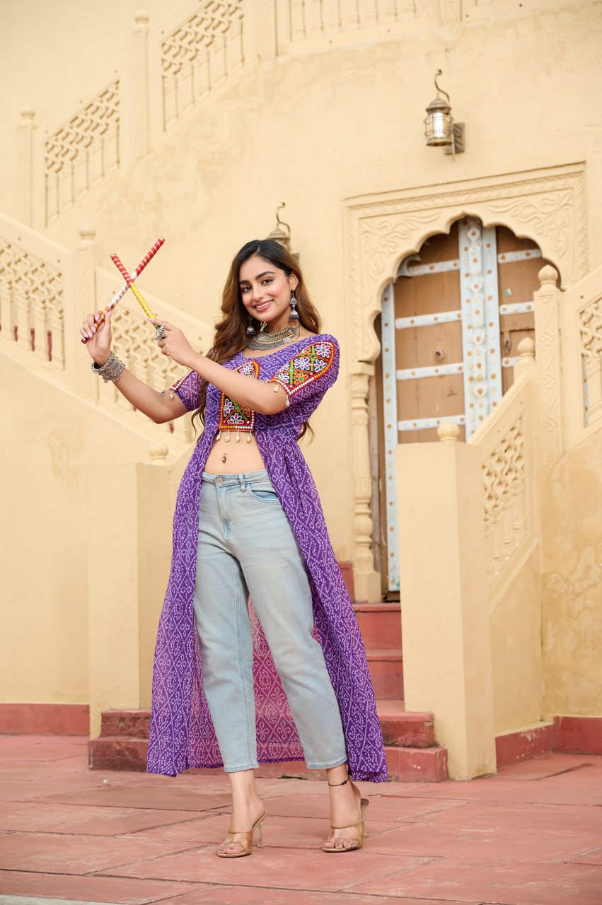 Purple Bandhani Print Faux Georgette Kurti with Kutchi Patchwork