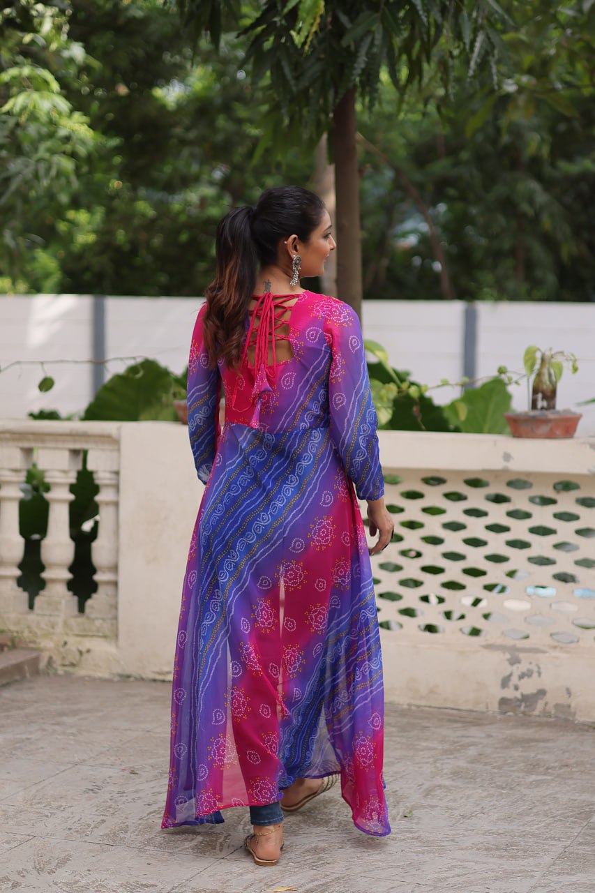 Purple Bandhani Print Faux Georgette Kurti with Kutchi Patchwork
