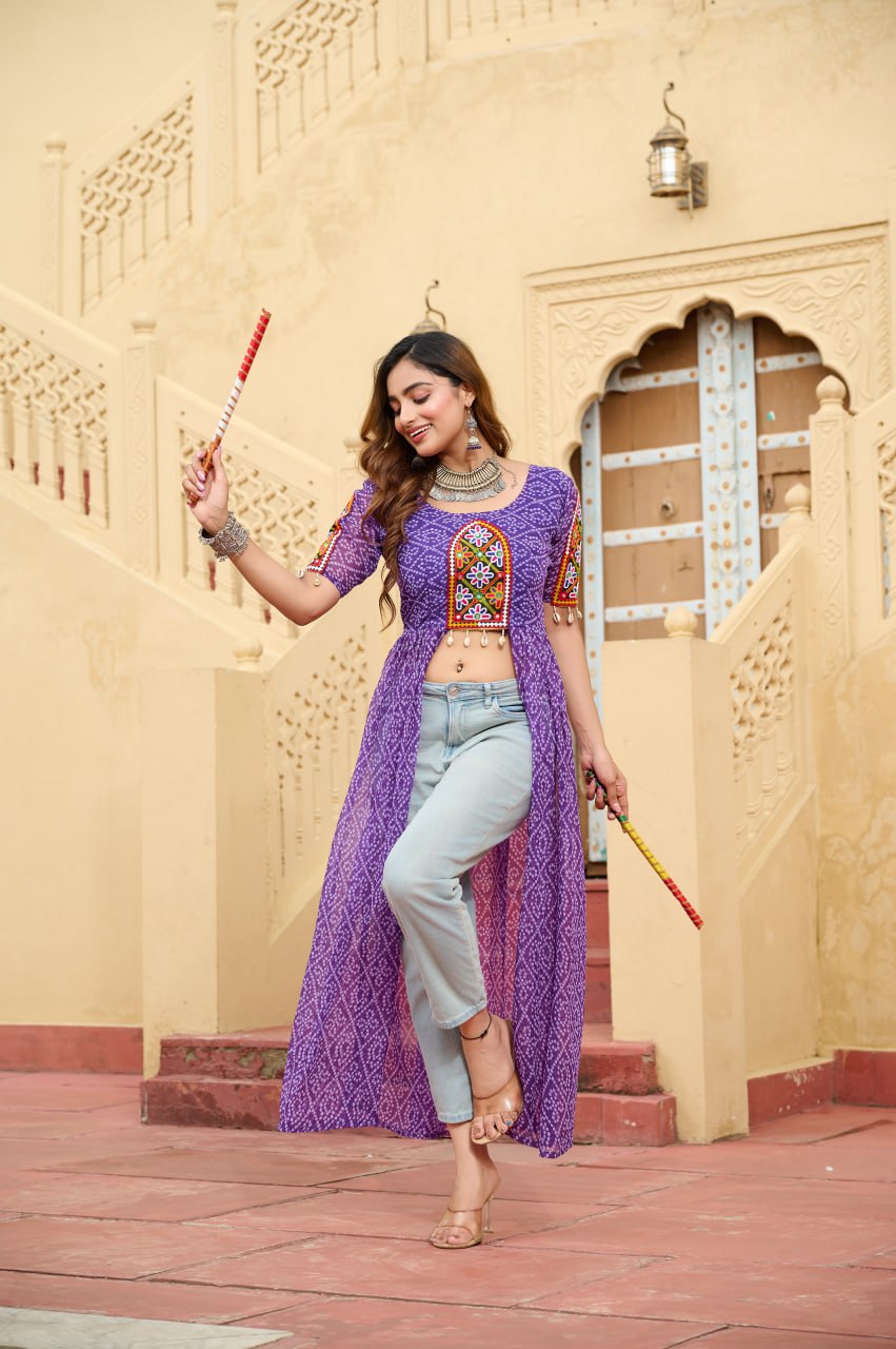 Purple Bandhani Print Faux Georgette Kurti with Kutchi Patchwork