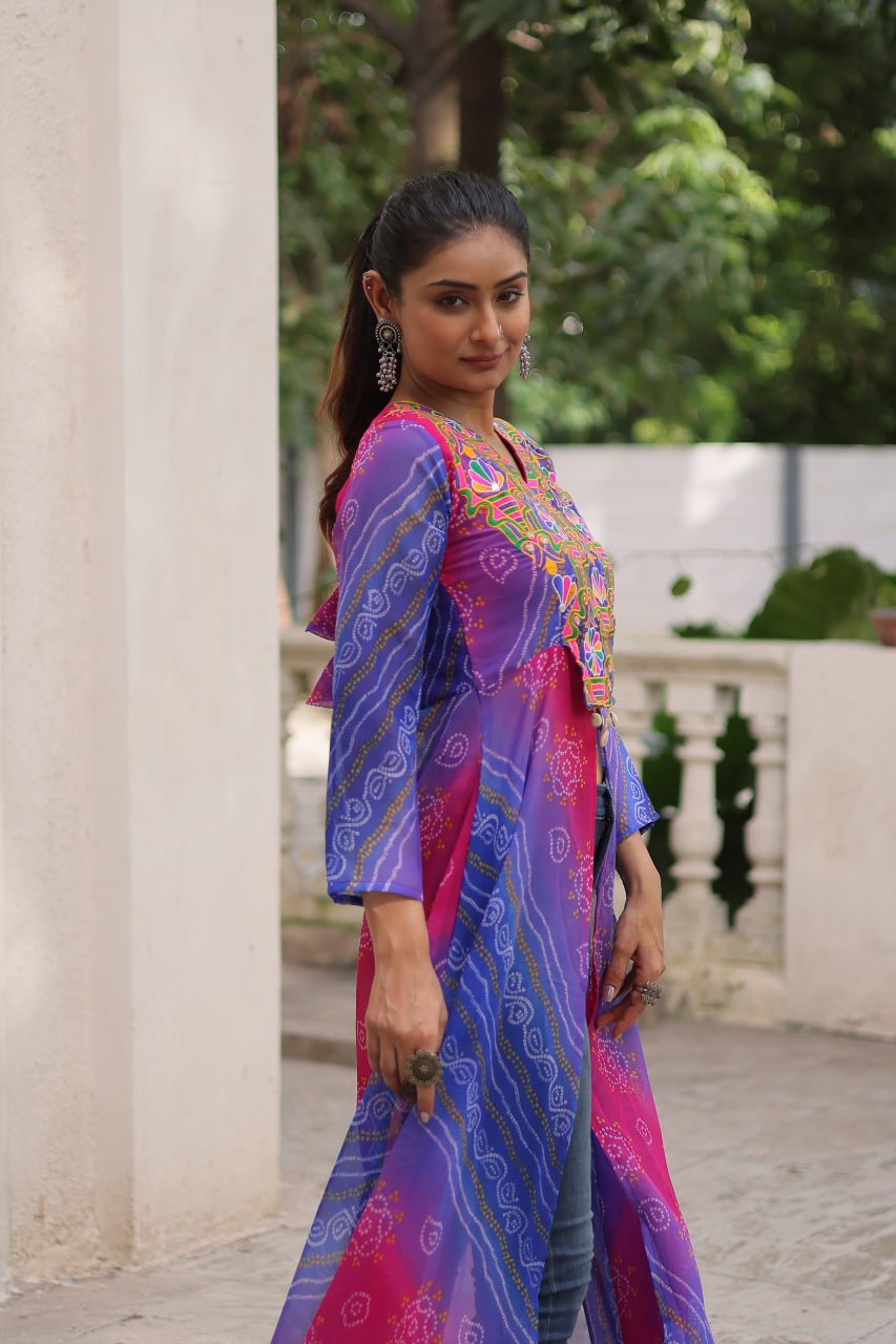 Purple Bandhani Print Faux Georgette Kurti with Kutchi Patchwork