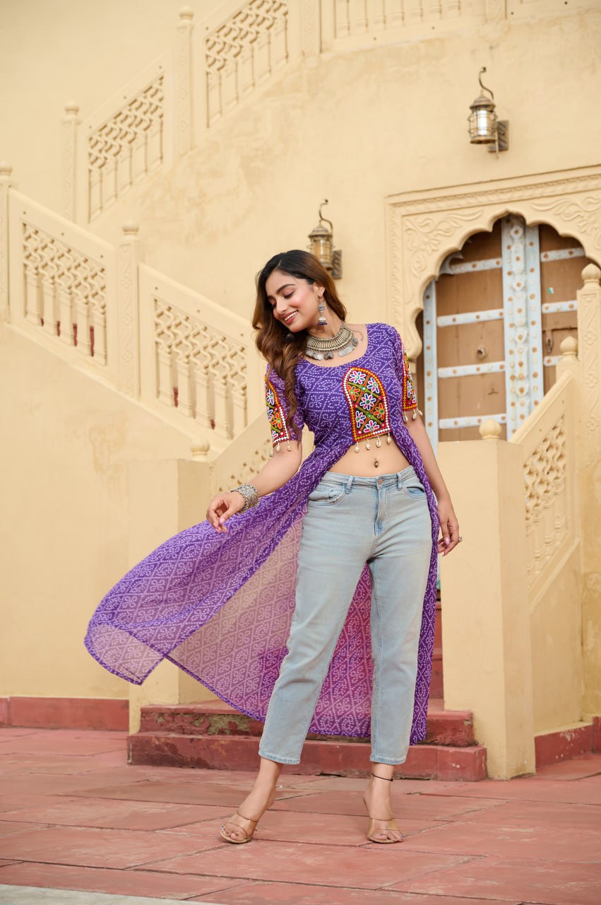 Purple Bandhani Print Faux Georgette Kurti with Kutchi Patchwork