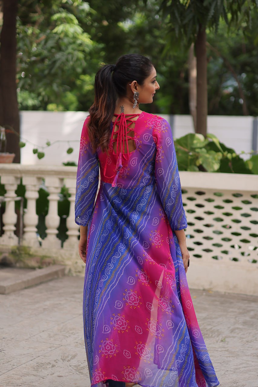 Purple Bandhani Print Faux Georgette Kurti with Kutchi Patchwork
