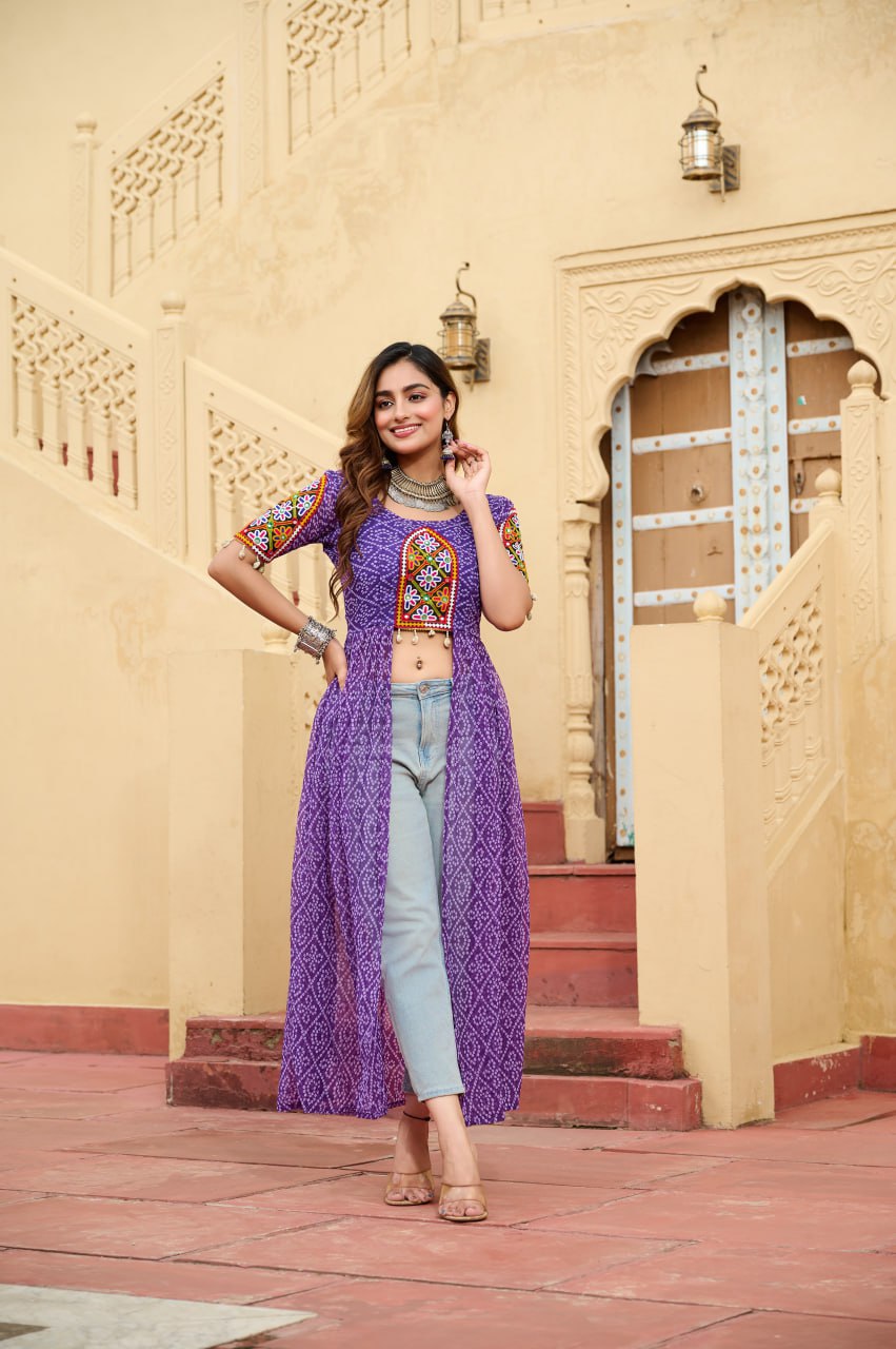 Purple Bandhani Print Faux Georgette Kurti with Kutchi Patchwork