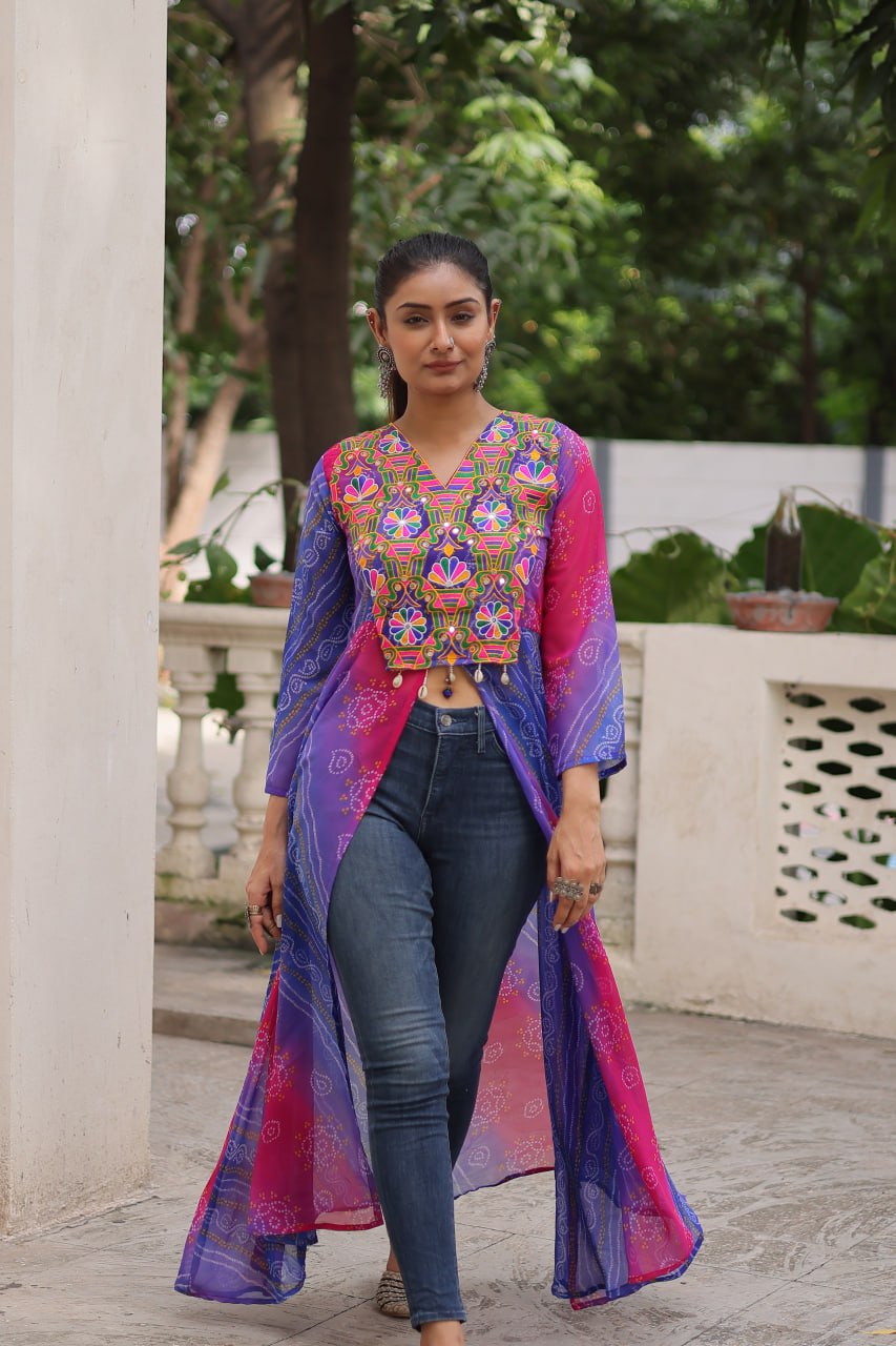 Purple Bandhani Print Faux Georgette Kurti with Kutchi Patchwork