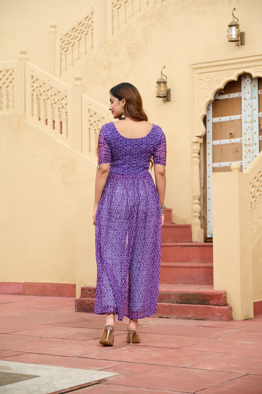 Purple Bandhani Print Faux Georgette Kurti with Kutchi Patchwork