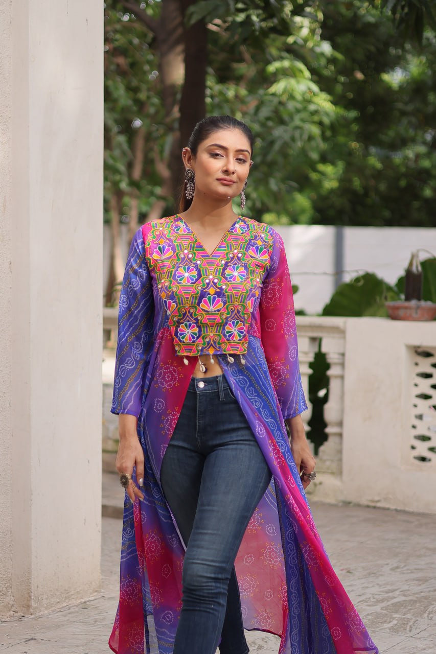 Purple Bandhani Print Faux Georgette Kurti with Kutchi Patchwork